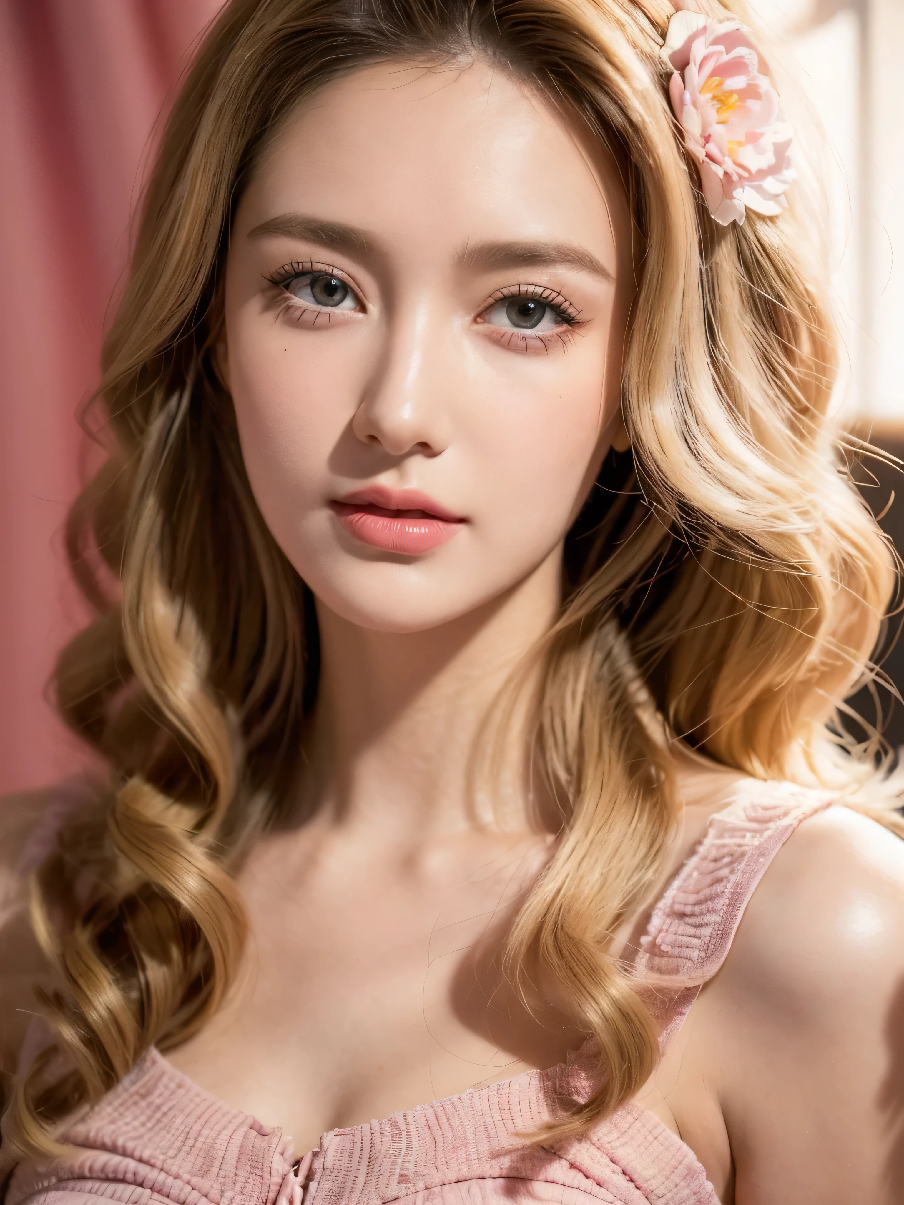 (close up of a beautiful 28 year old girl in a pink vintage dress), movie stock photos, camera f1. 6, saturated colors, Vibrant, lifelike textures, Impressive classic lighting, Modern style, sexy full body photo, Evening, Curly hair has just been dyed light blonde
