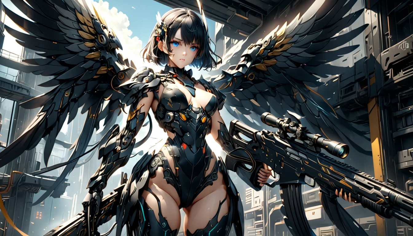 black hair, messy hair, short hair, atmospheric perspective, 8k, super detail, best quality, cinematic lighting, masterpiece, Mechanical body, blue steel body parts, large wings growing from its back, detailed face, detailed eyes, anime style, Her thighs are exposed and showing skin, Her upper arms are exposed and showing skin, rifle, Hold the rifle and aim, science fiction, Futuristic combat android, Beautiful woman