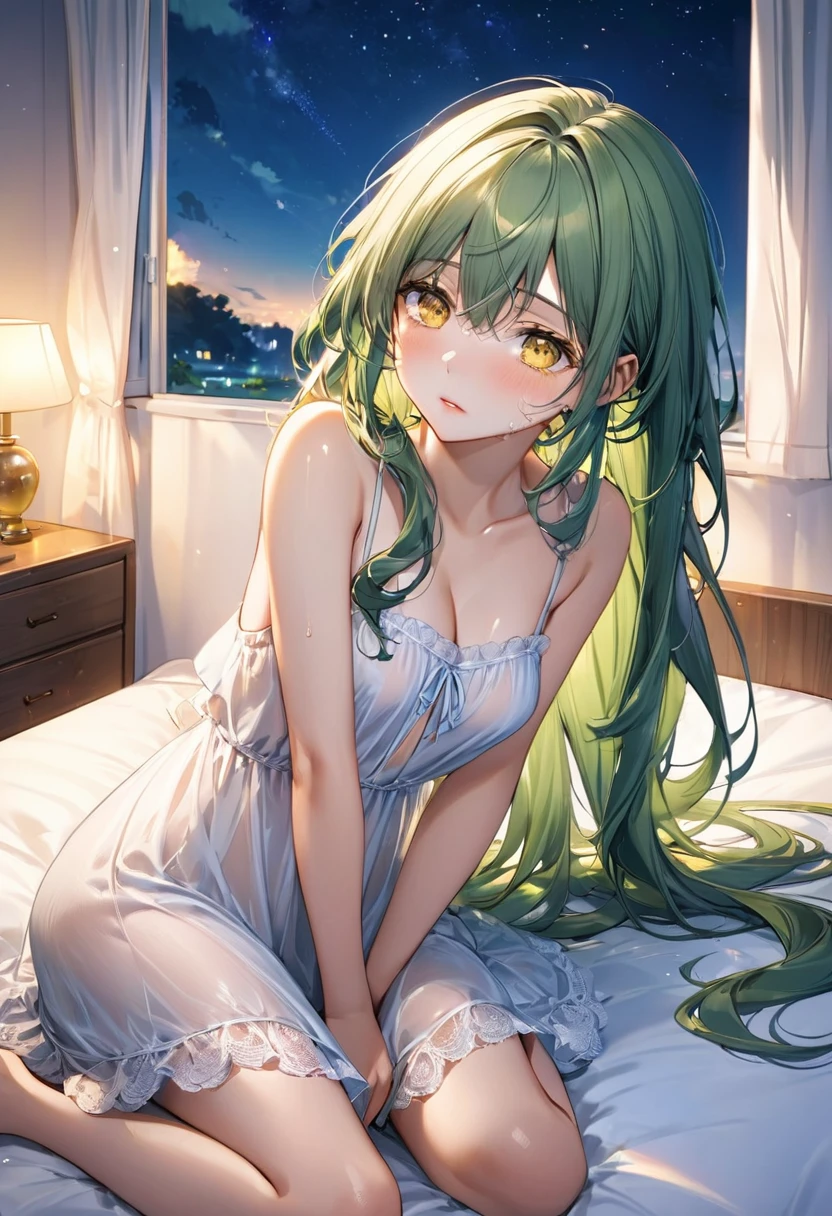(rest style), (solo:2, 15 yo, Look sick face), (beautiful detailed green hair, long hair girl, tears yellow eyes, glossy lip, medium tits), in A simple negligee, sit down on bed, break, in the cute bedroom, background beautiful summer night sky, BREAK, perfect anatomy, masterpiece, best quality, daydreaming expression.
