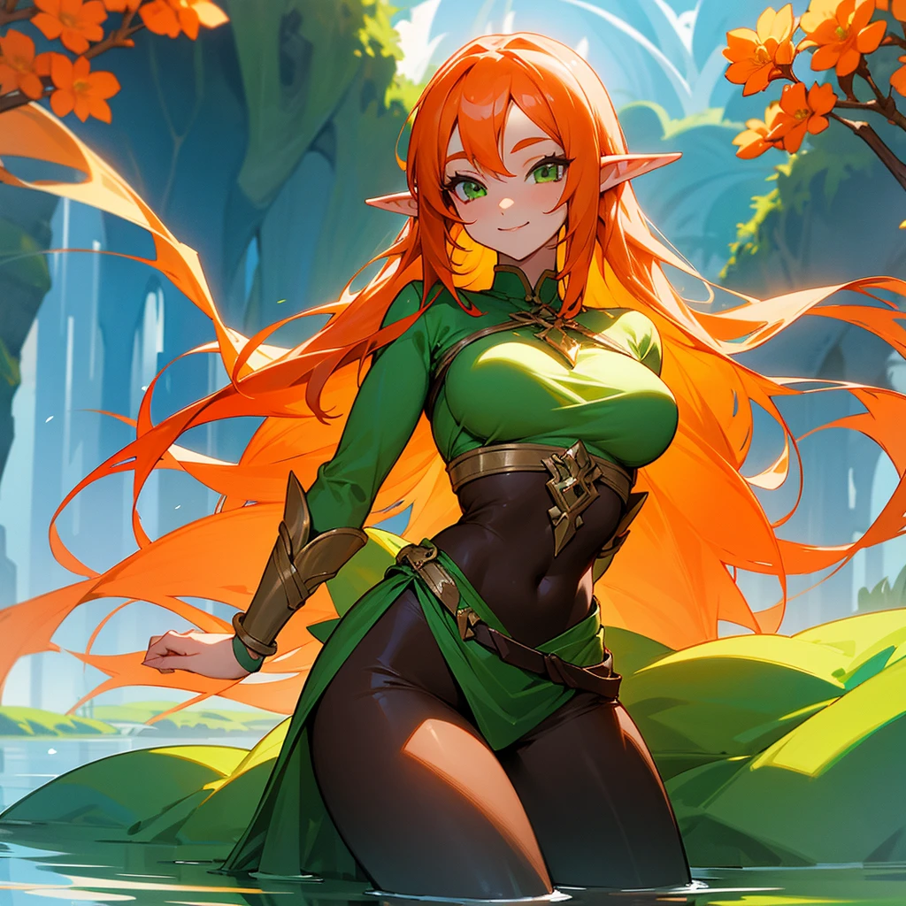 An elf with long orange hair,green eyes and a physique with big breasts.Inside a waist-deep lake,full of flowers while she holds one in her hand smelling it innocently smiling