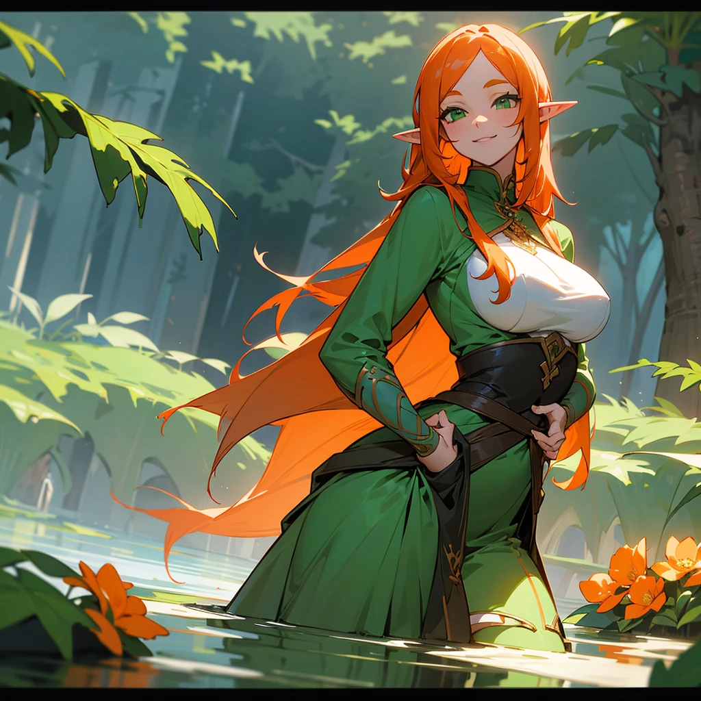 An elf with long orange hair,green eyes and a physique with big breasts.Inside a waist-deep lake,full of flowers while she holds one in her hand smelling it innocently smiling 