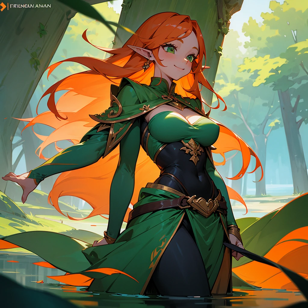 An elf with long orange hair,green eyes and a physique with big breasts.Inside a waist-deep lake,full of flowers while she holds one in her hand smelling it innocently smiling
