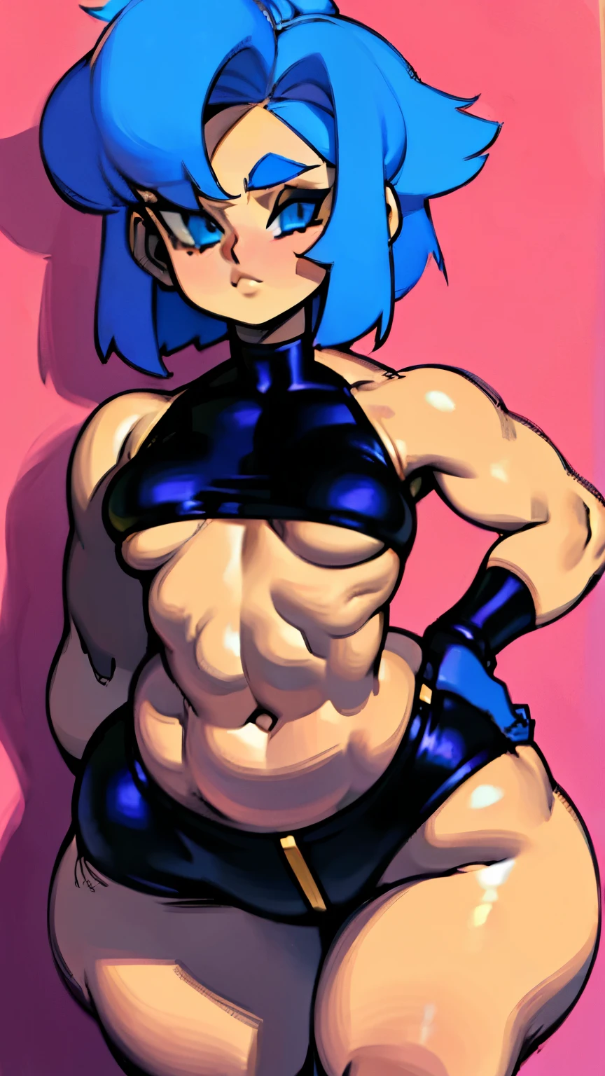 a woman with blue hair and golden eyes, She wears a black crop top and tight black shorts, possui breasts small e coxas enormes, linda, the cutest girl, (Extremely wide hips 5.5), (breasts small.), (masterpiece), (thick thighs 1.6), thick pelvis, big-ass, model body