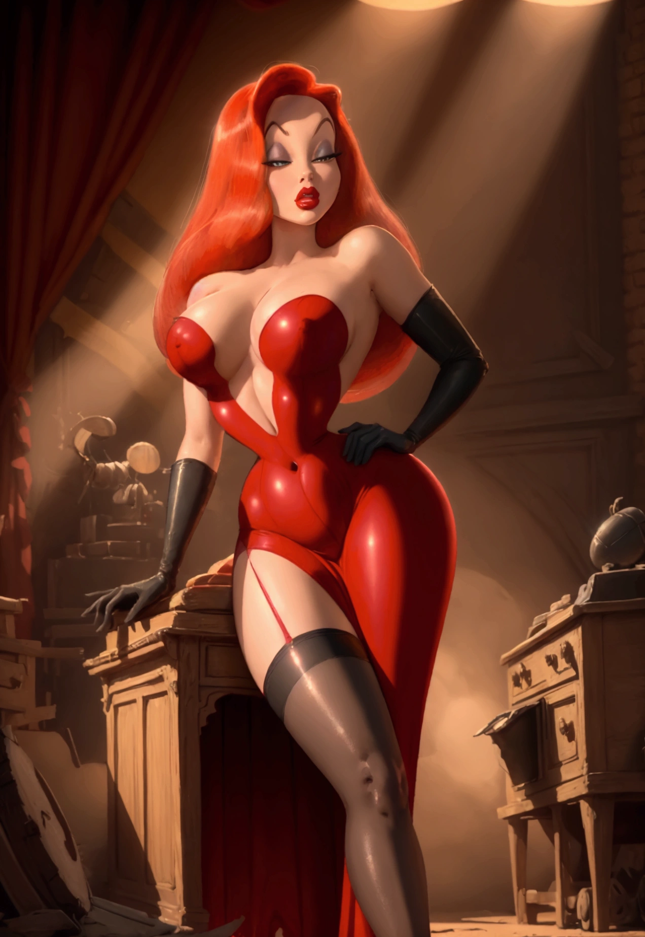 Masterpiece, high details, 8k, realistic, analog, 1girl, Jessica Rabbit with a big  in a red dress, high cut out, on stage, black  stockings,  sun shiny day 