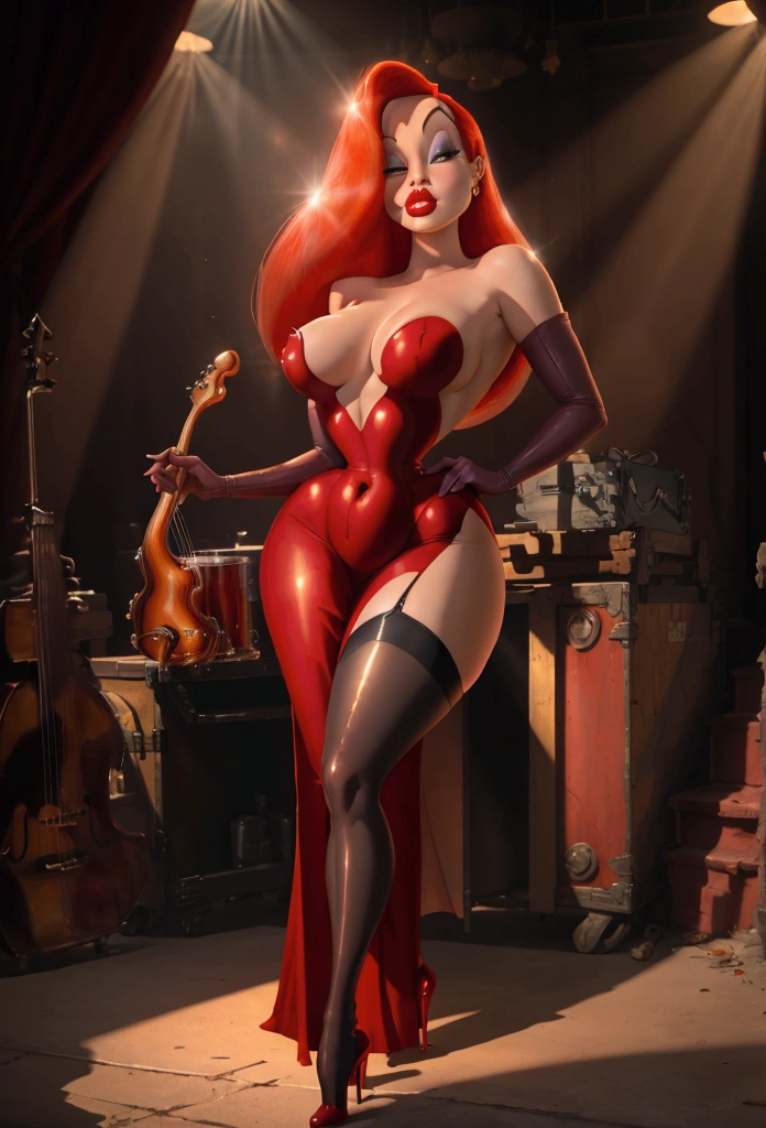 Masterpiece, high details, 8k, realistic, analog, 1girl, Jessica Rabbit with a big  in a red dress, high cut out, on stage, black  stockings,  sun shiny day 