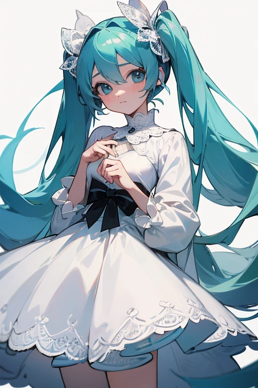 4K、masterpiece、Highest quality、Simple Background、White background、Monochromatic white、Hatsune Miku、mysterious、diamondが散らばっている、White Dress、White dress、One-piece with lace、diamond