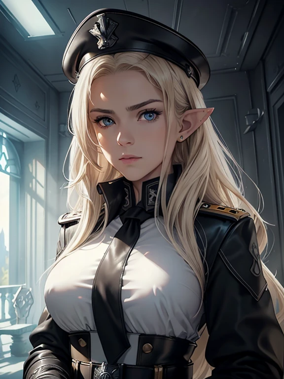 masterpiece, Highest quality, Highly detailed CG Unity 8K wallpapers,((Upper body portrait)), ((The throne room inside the spaceship)), (Long pointy ears), Elegant long wavy platinum blonde hair, ((Average chest size, Self-illuminating skin)), ((Black military uniform, White leather gloves, Waffen-SS)), (NCO hat), (Serious expression), A beautiful, symmetrical face like a goddess, A detailed and cold-hearted eye, Key Art, Awards, intricate detail realism hdr, Photorealism, Hyperrealism, Ultra-realistic, Dramatic Light, Strong Shadows, Nice views, Written boundary depth