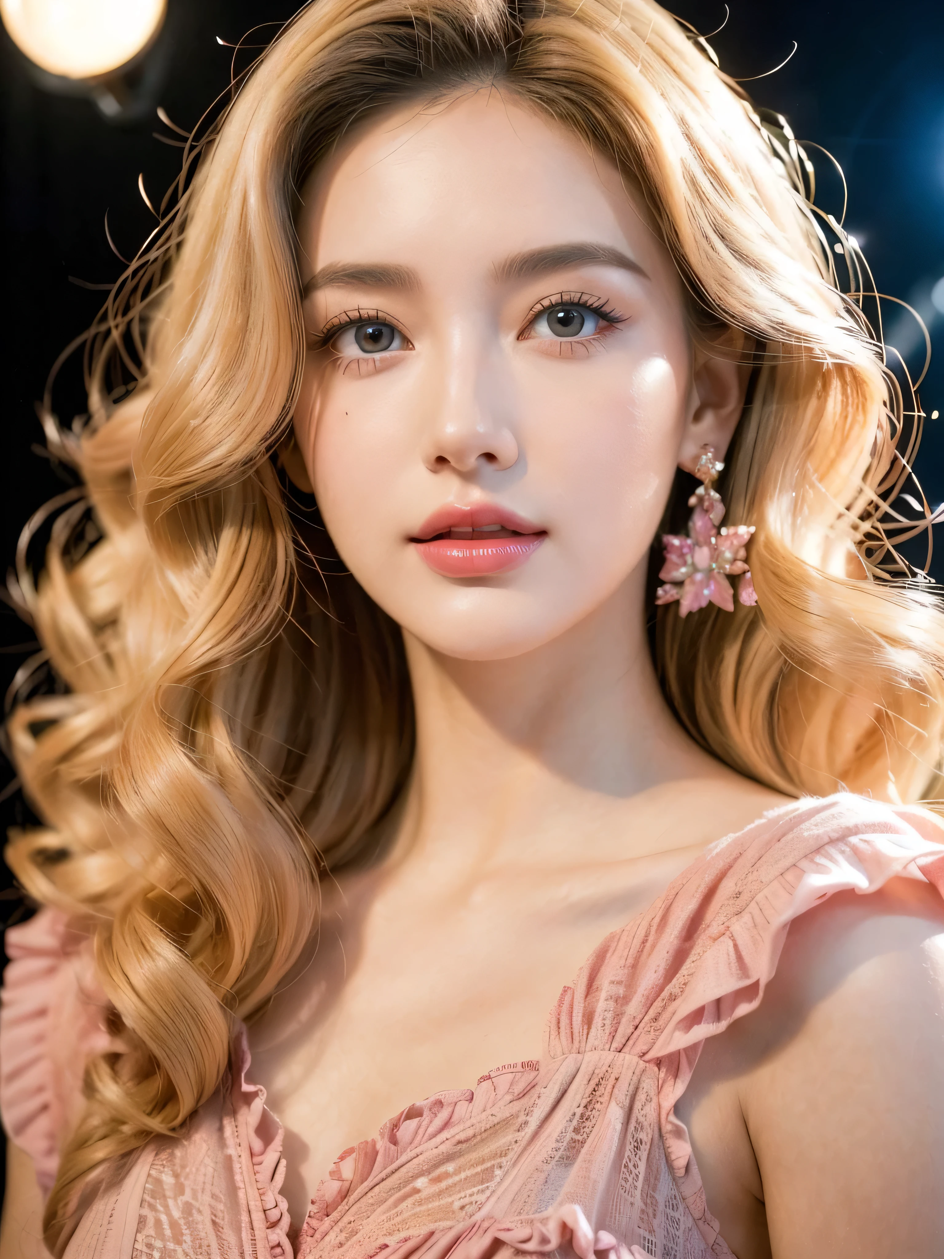 (close up of a beautiful 28 year old girl in a pink vintage dress), movie stock photos, camera f1. 6, saturated colors, Vibrant, lifelike textures, Impressive classic lighting, Modern style, sexy full body photo, Evening, Curly hair has just been dyed light blonde
