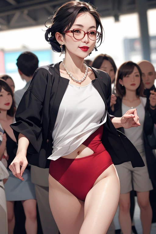 Beautiful mature Japanese woman aged 55, 1 female, Married women, Long eyelashes, Bob Hairstyle, Flowing Hair, Red lipstick, Rosy Cheeks, Pearl Necklace, Wearing glasses, Earrings, Dark eyeshadow, Small breasts, Running in a swimsuit, marathon