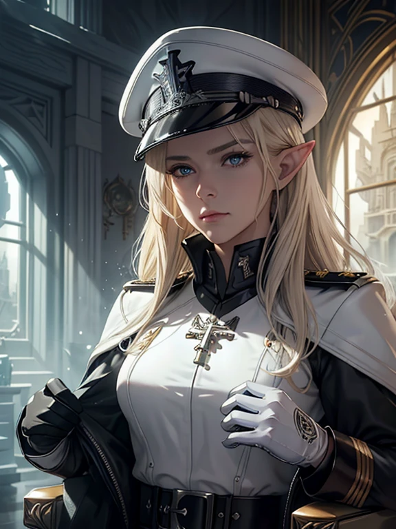 masterpiece, Highest quality, Highly detailed CG Unity 8K wallpapers,((Upper body portrait)), ((The throne room inside the spaceship)), (Long pointy ears), Elegant long wavy platinum blonde hair, ((Average chest size, Self-illuminating skin)), ((Black military uniform, White leather gloves, Waffen-SS)), (NCO hat), (Serious expression), A beautiful, symmetrical face like a goddess, A detailed and cold-hearted eye, Key Art, Awards, intricate detail realism hdr, Photorealism, Hyperrealism, Ultra-realistic, Dramatic Light, Strong Shadows, Nice views, Written boundary depth