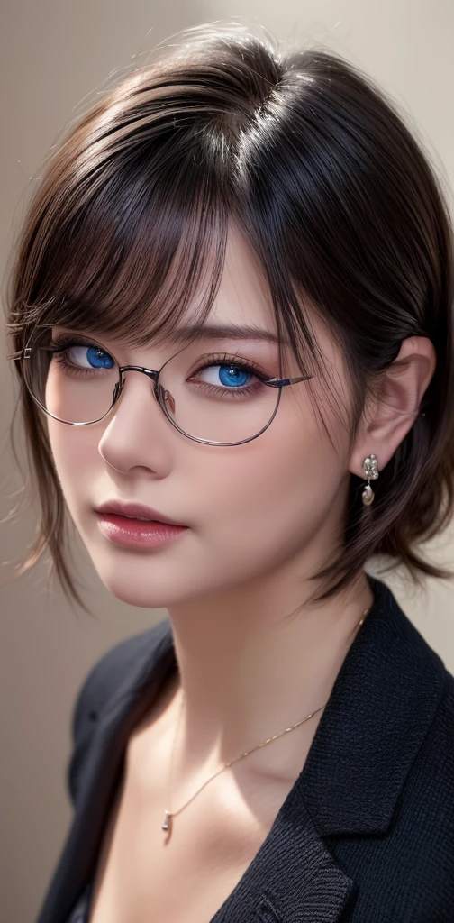 1:best quality,ultra-detailed,(realistic:1.6),(photorealistic:1.6),masterpiece,finely detail,highres,8k wallpaper,extremely detailed,sharp focus,highly detailed skin,extremely delicate,a portrait, RAW,(8k),ultra detailed,studio soft light,rim light,vibrant details,(realistic skin texture:1.2),(ultra detailed skin:1.3), facelight, dynamic lighting, cinematic lighting, professional shadow, dark shadow, highest detailed,  (8k, photorealistic, RAW photo, best quality: 1.4), (1girl), beautiful face, (realistic face), (black hair, short hair:1.3), beautiful hairstyle, realistic eyes, beautiful detailed eyes, (realistic skin), beautiful skin, masterpiece, detailed face, detailed eyes, beautiful, highest quality, (((ルーシー・ピンダーに似たソロmature woman))), azure blue sky eyes, (((wearing delicate big hoop round earring))), (wearing Collar pet necklace), eyelash, ( wearing a thin glasses), lip whole, blushing lewd face, [Janet], [Alice], "Beautiful adult face" , 30 years old , mature woman , adult,(office suit), absurdres, attractive, ultra high res, ultra realistic, highly detailed, golden ratio, centerpoint, look at view, close up, highly detailed dark, glow in the dark, full head