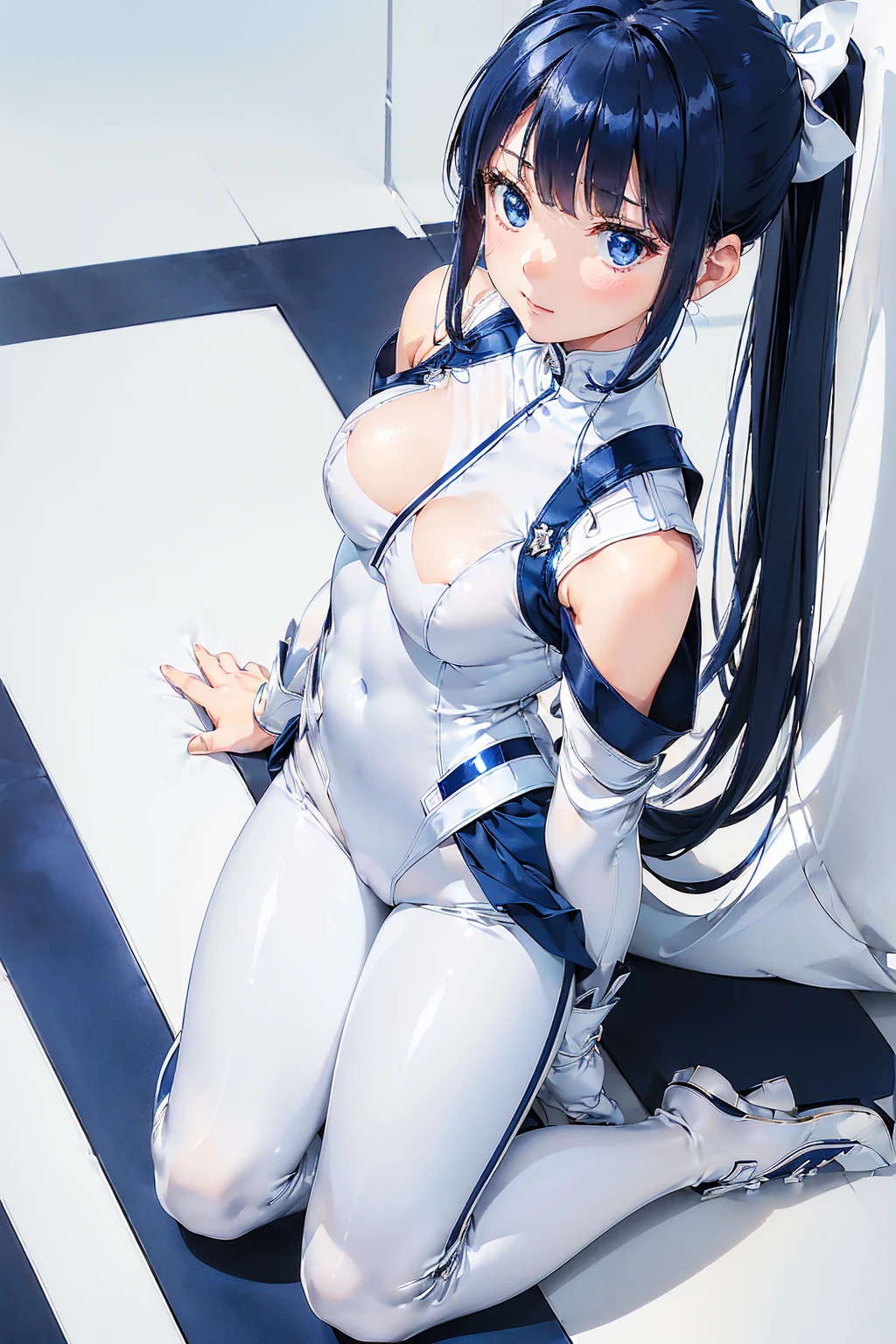(masterpiece、Highest quality、Highest Resolution、Clear_image、Detailed details、The angle is from above): (Hiding face with hands、solo、A girl alone、Japanese Faces、High knot ponytail、Dark blue hair girl、(Perfect body:1.4)、Sparkling blue eyes、(White and navy blue zero suit、White and navy tight-fitting clothing、Wear full white and navy blue cover、White and navy thigh-covering pants、White and navy shoulder cover outfit、White and navy shiny clothes、Navy blue tight-fitting pants that hide the legs、Clothes that cover the shoulders、Clothing that doesn't attract skin、Clothes that hide the skin、Armor to hide the chest)、Very delicate and beautiful、Detailed Skin、Slim Body、Exoskeleton、Cute、A gentle smile、Soft expression、heroine、White and navy blue long boots、Elbow-length gloves)、(Simple Background、White background:1.5)