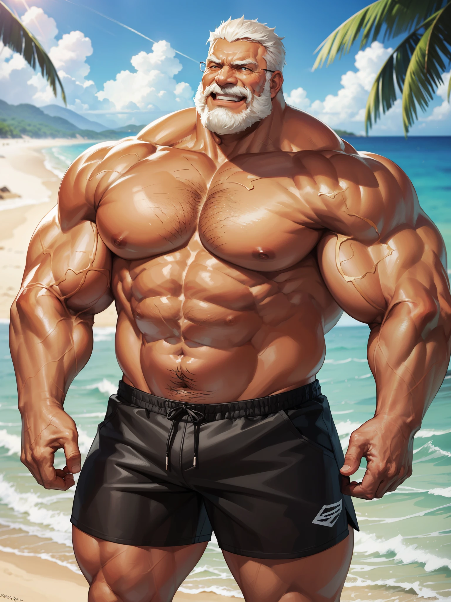 1boy, 1man, solo. beach, extremely huge muscular, massive muscular, full-body , (topless, shirtless, shorts), well-muscled old man. ((extremely muscle size, super thick arms, huge pec, extremely wide pectoral , huge arms)), wide smiling. Add textures and details to make the image more realistic, such as the appearance of the. Make sure the resulting image is high resolution, 8K quality