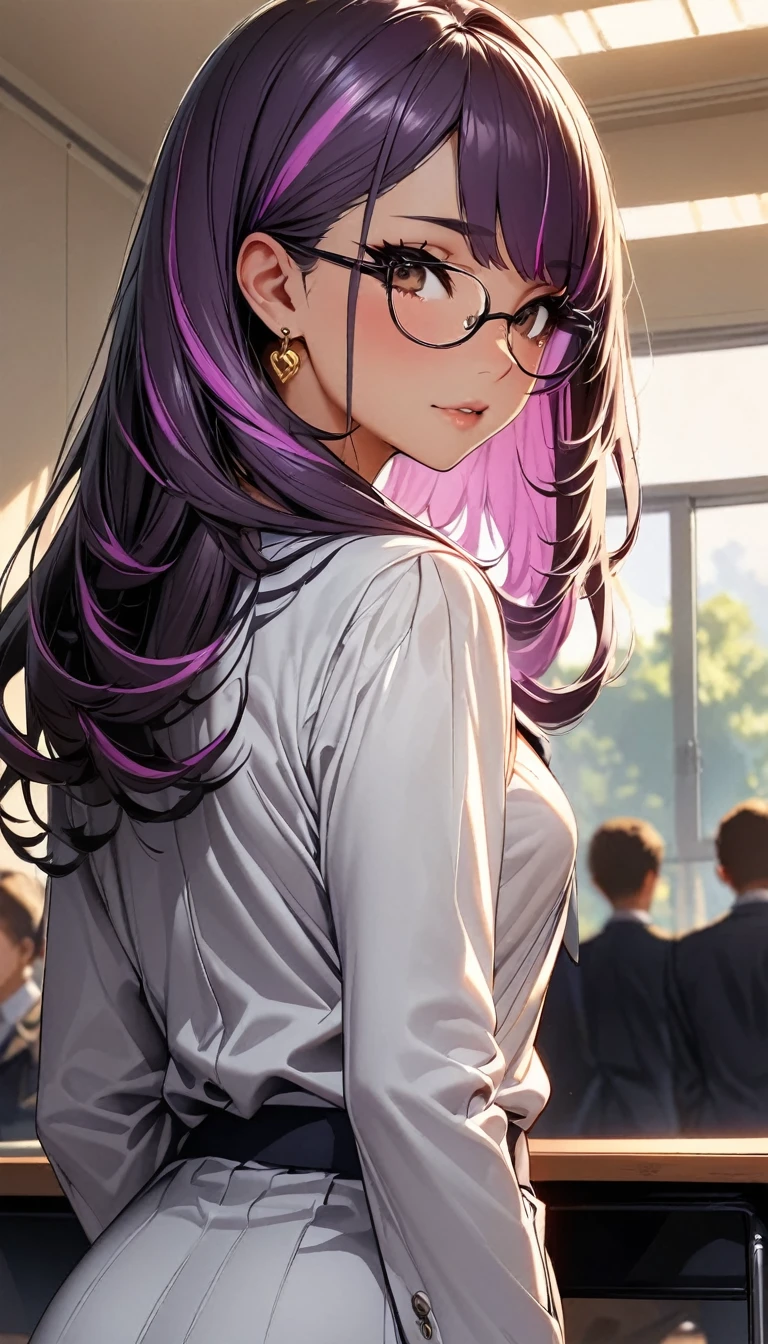 (highest quality:1.2, Very detailed, up to date, Vibrant, Ultra-high resolution, High Contrast, masterpiece:1.2, highest quality, Best aesthetics), Portraiture、girl、((25-years-old:1)), teacher, suit, glasses, Bright colors、Beautiful fine details、Beautiful lip detail, long hair、black and purple ((streaked hair:1.6)), highlights hair: 1.5, brown eyes, gold earrings, ((slim body:1.4)), (small breast:0.7), (dark skin:0.5)), school, inside the classroom, (standing behind the podium. The back view of the students sitting in the foreground.), looking ahead, (cowboy shot:1.5)
