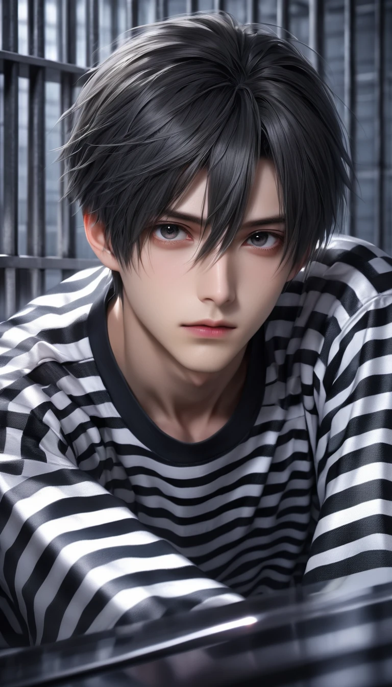 (8k, RAW photos, best quality, masterpiece: 1.4), (((Boy examining himself)))，Ultra-high resolution, Extremely detailed, Dim Lights, Upper body close-up, handsome boy, black eyes, (delicate eyes, Eyes are bright:1.2), Gray short hair, Fair skin,dark, Black and white striped prison uniform,Black and white striped prison pants,(perfect ???????:1.2), High-quality shadows, Natural Lighting, (White highlights:1.2), night, cloudy day, (Dimly lit cells:1.2), (Metal walls all around:1.2)