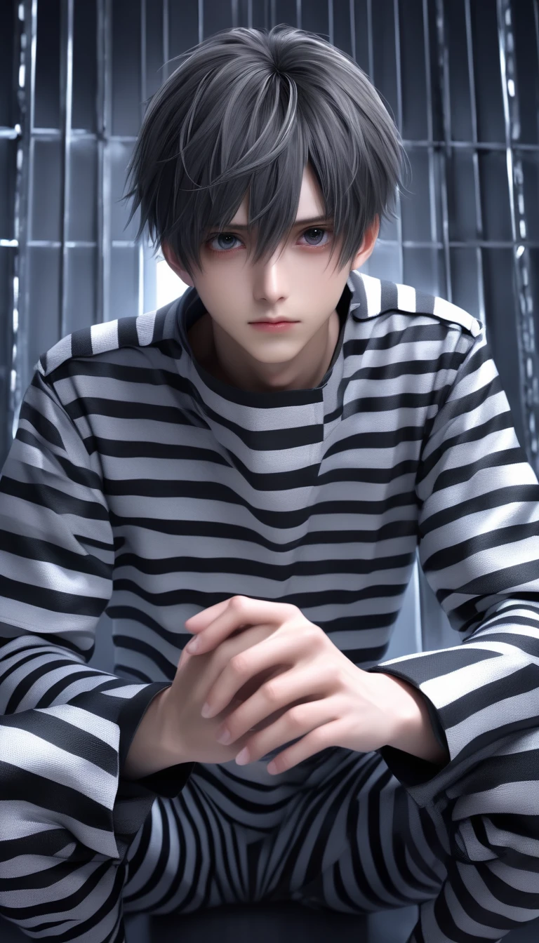 (8k, RAW photos, best quality, masterpiece: 1.4), (((Boy examining himself))),Ultra-high resolution, Extremely detailed, Dim Lights, Upper body close-up, handsome boy, black eyes, (delicate eyes, Eyes are bright:1.2), Gray short hair, Fair skin,dark, Black and white striped prison uniform,Black and white striped prison pants,(perfect anatomy:1.2), High-quality shadows, Natural Lighting, (White highlights:1.2), night, cloudy day, (Dimly lit cells:1.2), (Metal walls all around:1.2)