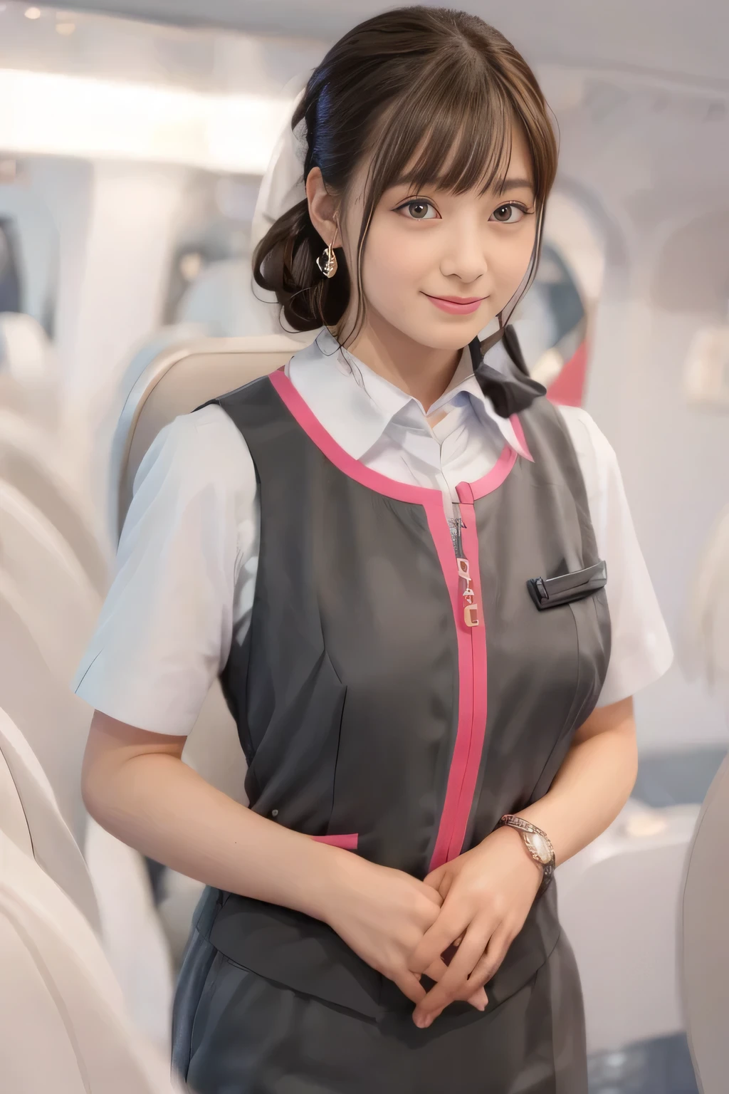 (masterpiece:1.2, Highest quality:1.2), 32k HDR, High resolution, (alone、1 girl)、（On the roof of a building、Professional Lighting）、daytime background、（Realistic style of JR Gran Class crew uniform）、Short sleeve blouse、a scarf around the neck、（JR Gran Class flight attendant uniform with pink parts on the skirt sleeves）、（The uniform of the flight attendants of JR Gran Class has a pink line on the front zipper of the vest.）、There are no pink lines on the uniform skirts of flight attendants in JR Gran Class、Dark brown hair、（Hair tied up、Chignon）、Dark brown hair、Long Shot、Big Breasts、（（Great hands：2.0）），（（Harmonious body proportions：1.5）），（（Normal limbs：2.0）），（（Normal finger：2.0）），（（Delicate eyes：2.0）），（（Normal eyes：2.0））)、Luxury earrings、smile、Beautiful standing posture,