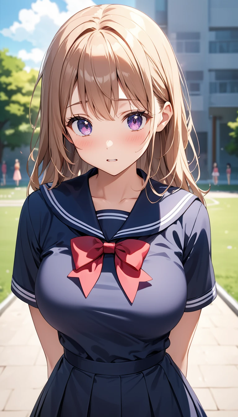 高いquality illustration, masterpiece, Very delicate and beautiful, Attractive girl,(Black Sailor Suit),thin,Slender body,slim、Schoolyard、Schoolyardの背景,Princess, Beautiful Eyes,Surprised、panic、blush,(masterpiece, Highest quality:1.2), High resolution, Very detailed CG ユニティ 8k 壁紙, Perfect lighting, colorful, 超High resolution,4K,Very detailed, photograph, 8k, High resolutionolution, Big Breasts Thick pubic hair The wind flips up my skirt