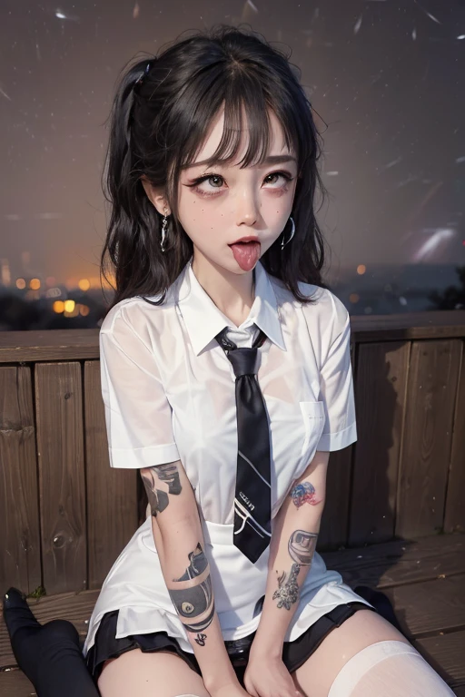 high quality, detailed,(at night:2.0),(in the park,in the park),very wet,she is and junior high school girl wearing very very wet and very transparent short sleeve white shirt and a tie,plaid skirt,(wearing black overknee socks),(she have a condom:1.5),mole under the eye,(tounge out,tounge out tounge out),(blushing:1.4),the whole body,the whole body,she has a lot of earrings,tattoo,tattoo,detailed background,ecstasy,orgasm,tattoo,seducing,temptation,nipples,childish body,