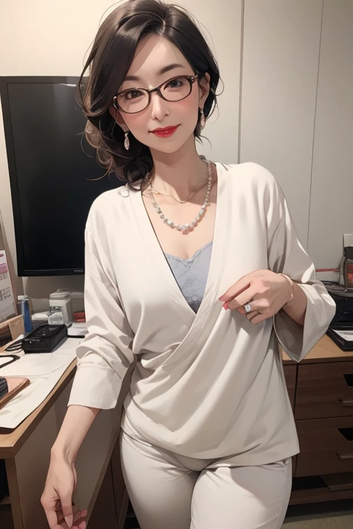 Beautiful mature Japanese woman aged 55, 1 female, Married women, Long eyelashes, Bob Hairstyle, Flowing Hair, Red lipstick, Rosy Cheeks, Pearl Necklace, Wearing glasses, Earrings, Dark eyeshadow, Small breasts, run in underwear,