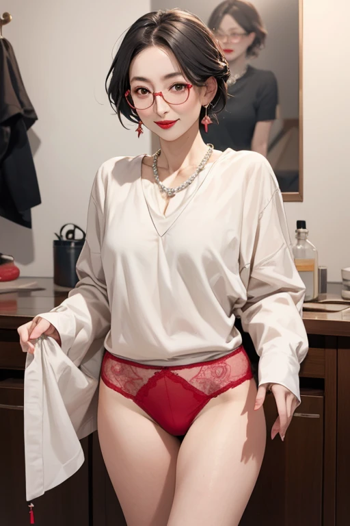 Beautiful mature Japanese woman aged 55, Married women, Fine Lines, Long eyelashes, Sparkling eyes, wear glasses, Low Ponytail, Red lipstick, elegant, A spectacular sight, Pearl Necklace, open neck blouse, Floral print slit skirt, photo shoot, Sensual pose, ((Squat with your legs apart)), Panty shot