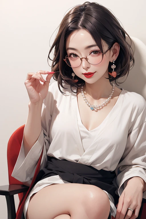 Beautiful mature Japanese woman aged 55, 1 female, Married women, Long eyelashes, Bob Hairstyle, Flowing Hair, Red lipstick, Rosy Cheeks, Pearl Necklace, Wearing glasses, Earrings, Dark eyeshadow, Small breasts, run in underwear, 