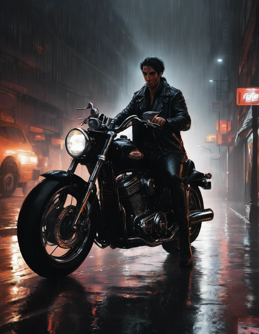 Create a striking digital illustration of a lone biker set against a dark, rainy backdrop, emphasizing the noir aesthetic. The character should have a charismatic and mysterious aura, dressed in a sleek black leather jacket over a wet, clinging white shirt. His muscular frame and sharp facial features should be highlighted, with a focus on his intense expression. The scene should be illuminated by neon lights reflecting off the wet surfaces, creating a dramatic and moody atmosphere. The motorcycle should be a classic, stylish model, symbolizing rebellion and freedom. Capture the essence of an alternative scenario where the night is eternal and the rain never ceases, blending realism with a touch of fantasy
