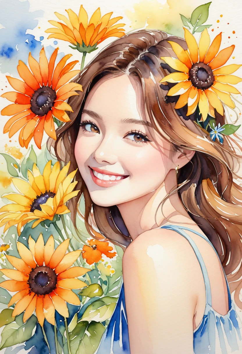 This is a very detailed watercolor painting, depicting flowers reminiscent of summer and a beautiful smiling woman.