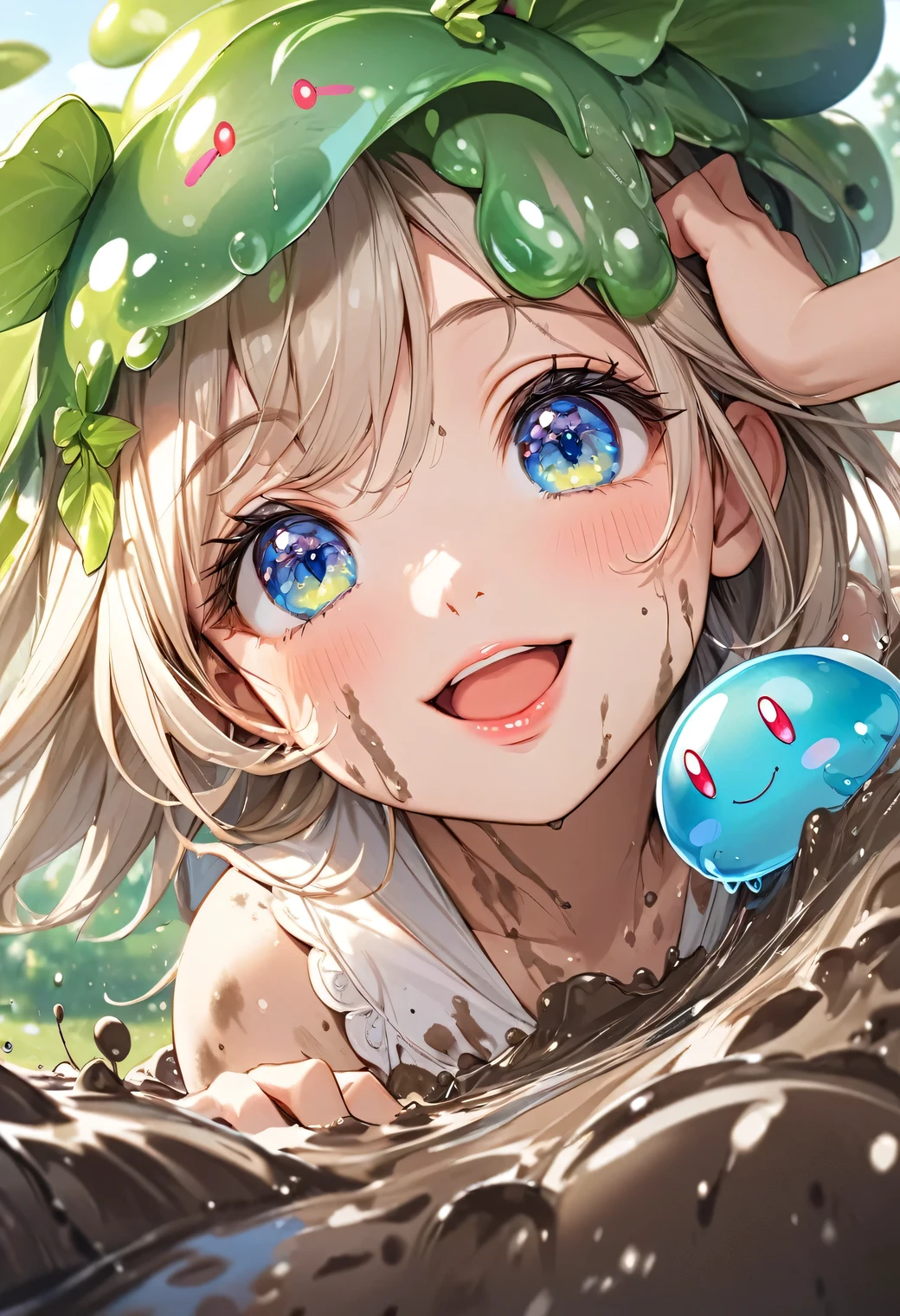 cute slime girl, Slime, jiggling, muddy, girl, cute, playing, looking like fun, good friends, fairy tale, cute anime illustration, (beautiful detailed eyes, beautiful detailed lips, extremely detailed eyes and face, long eyelash), cheerful expression, little smile