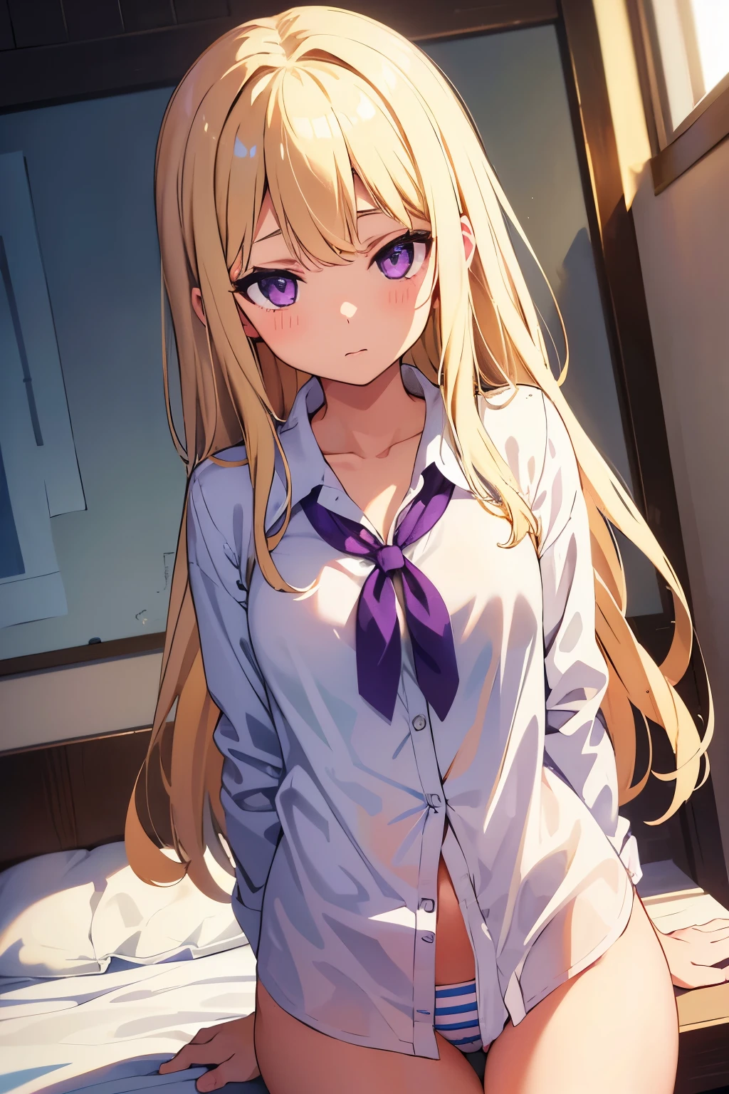 Junior high school girl, , A cup breasts, blonde, gal long hair Purple Eyes (One person) Completely naked White blouse White bra White lower body with light blue horizontal striped panties ((I can see her panties)) Girl's Room Lying in bed Dynamic Angle Low - Angle