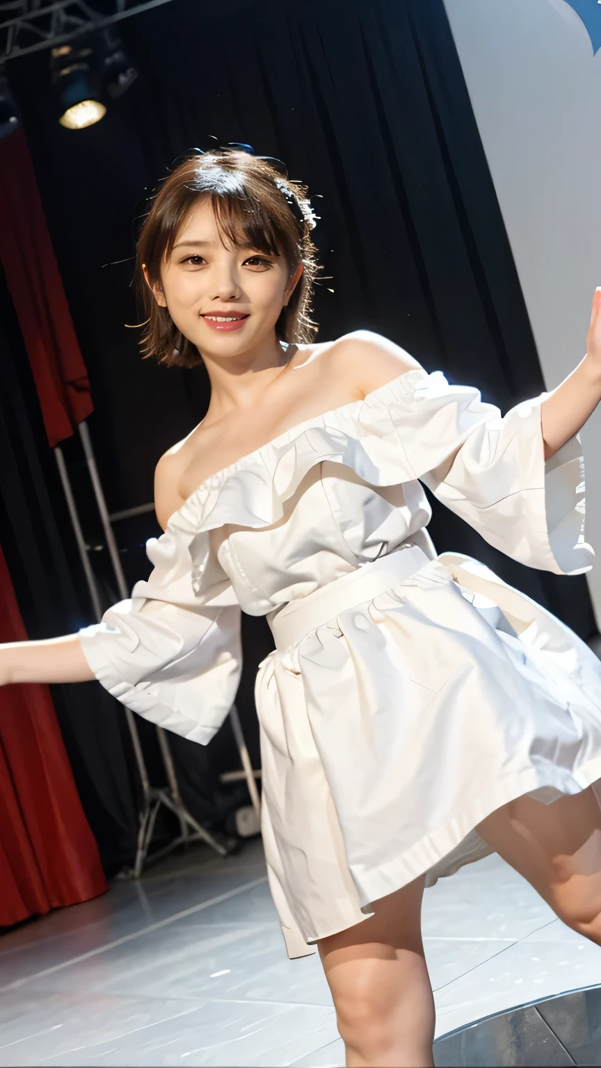 (8k、RAW Photos、Highest quality、masterpiece:1.2)、(Realistic、Realistic)、1 girl、((White off-the-shoulder dress、on stage、Get noticed、Short Bob、View from the front、smile、Looking into the camera 、smile、Full body photo:1.5))、cute、Large Breasts、Sing with a microphone、dance、((The skirt flutters in the wind))