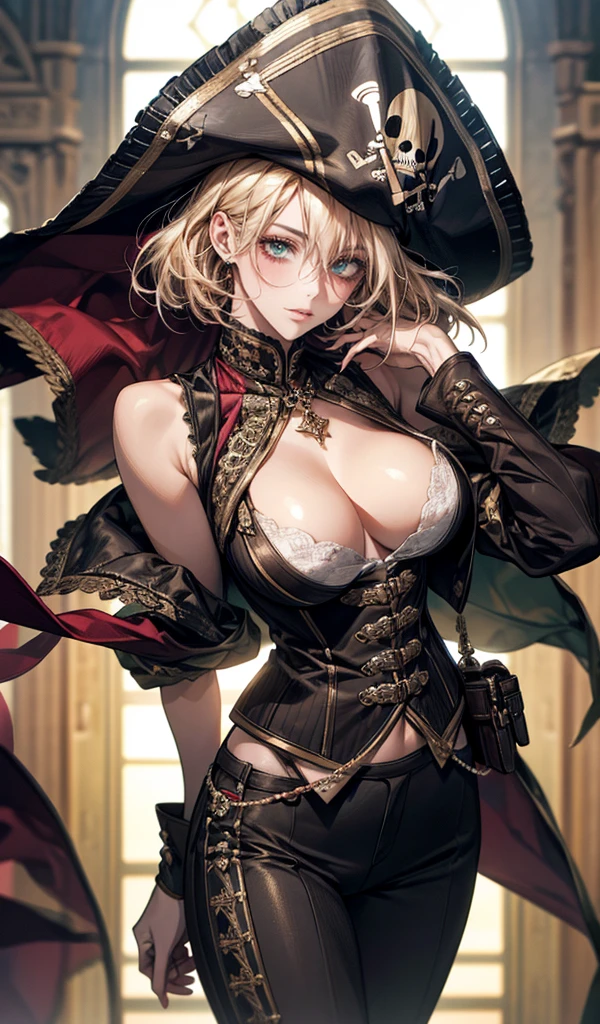 masterpiece, Maximize highest quality:1.5, Maximum highest beautiful and highest realistic 3D digital illustrations:1.5, maximum resolution, UHD, 16K, 1080p, ultra highest clear details, smooth, soft and clearly and most realistic skin texture and hair texture:1.5, highest beautiful detailed eyes texture:1.5, Amazing dynamic movement:1.5, Beautiful backgrounds with depth of field, Most beautiful natural light, Rule of thirds, Maximize every effect and present it in the ultimate quality, 1woman, sexy, cool beauty, 25years old, beautiful face sharp, elegant mature woman, Ultimate perfect body style, beautiful big breasts, Maximize upturned breasts, beautiful green eyes, shiny blonde hair, short hair, Shag cut, (eyes visible through hair:1.5), glossy very thick lips, pink lipstick, smile:1.5, A fascinating and unique pirate ship captain, garbed in a complex and intricate costume in shades of brown and gold, marked with skull designs, an eyepatch, a wild pirate hat, leather pants, long boots, wind blowing through the scene, dynamic stance, standing on the deck of a large pirate ship,