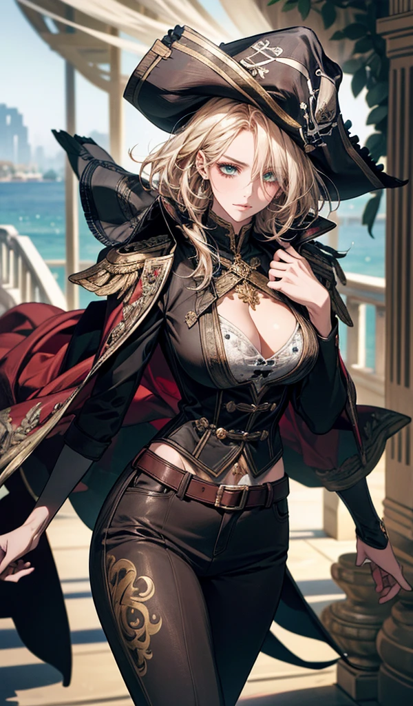 masterpiece, Maximize highest quality:1.5, Maximum highest beautiful and highest realistic 3D digital illustrations:1.5, maximum resolution, UHD, 16K, 1080p, ultra highest clear details, smooth, soft and clearly and most realistic skin texture and hair texture:1.5, highest beautiful detailed eyes texture:1.5, Amazing dynamic movement:1.5, Beautiful backgrounds with depth of field, Most beautiful natural light, Rule of thirds, Maximize every effect and present it in the ultimate quality, 1woman, sexy, cool beauty, 25years old, beautiful face sharp, elegant mature woman, Ultimate perfect body style, beautiful big breasts, Maximize upturned breasts, beautiful green eyes, shiny blonde hair, short hair, Shag cut, (eyes visible through hair:1.5), glossy very thick lips, pink lipstick, smile:1.5, A fascinating and unique pirate ship captain, garbed in a complex and intricate costume in shades of brown and gold, marked with skull designs, an eyepatch, a wild pirate hat, leather pants, long boots, wind blowing through the scene, dynamic stance, standing on the deck of a large pirate ship,