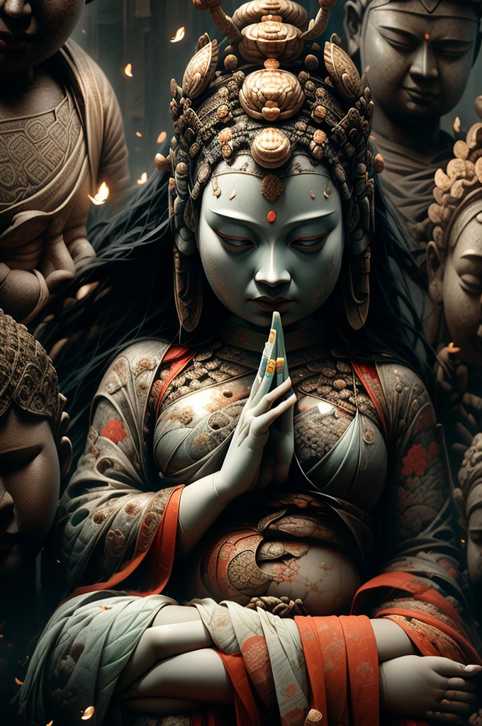 A Buddha statue,Made of granite,The Buddha statue has been baptized by wind and frost the year before,The surface becomes covered with crackoss grows,One or two nameless yellow flowers will grow in the dilapidated cracks,It is very beautiful under the light of the sunset