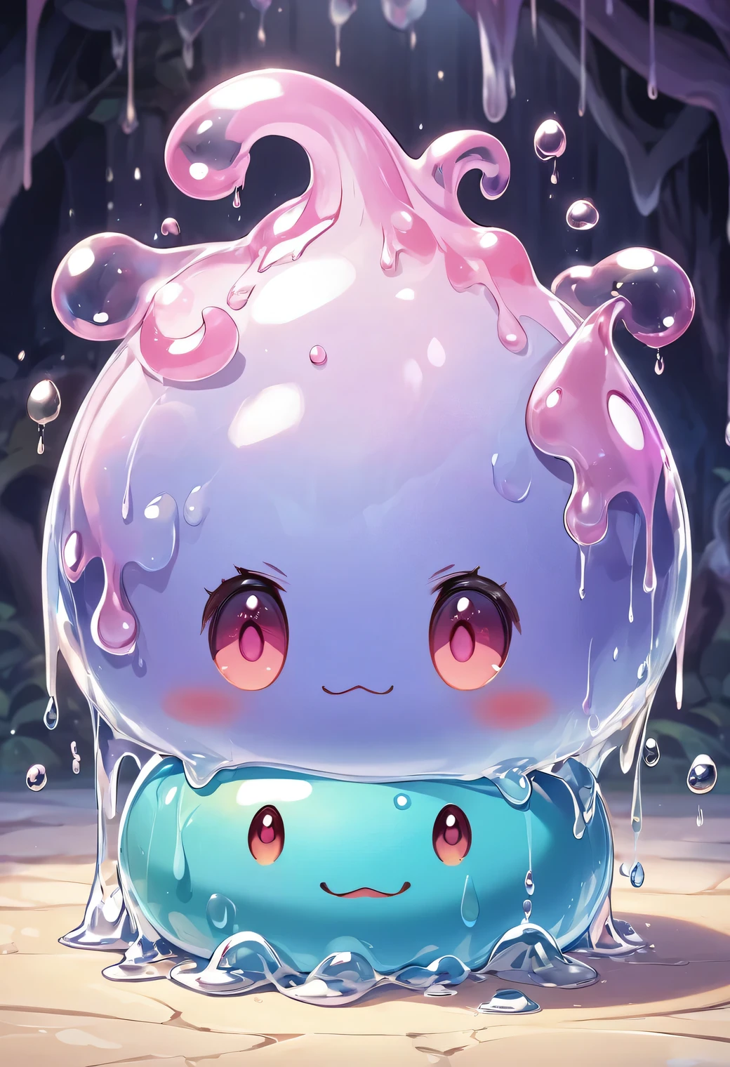 cute slime girl, Slime, jiggling, muddy, girl, cute, playing, looking like fun, good friends, fairy tale, cute anime illustration, (beautiful detailed eyes, beautiful detailed lips, extremely detailed eyes and face, long eyelash), cheerful expression, little smile