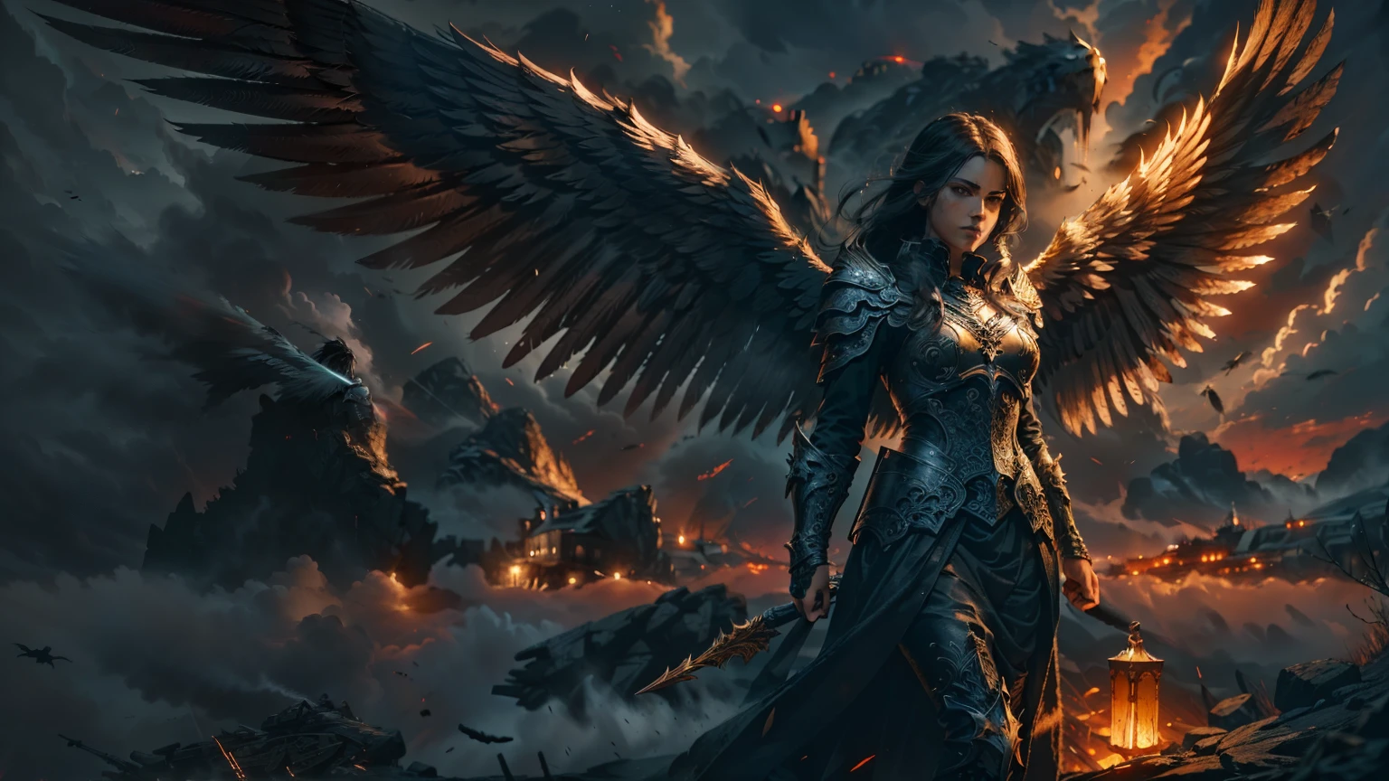 A beautiful Valkyrie, flying over a dark and ominous battlefield, (1girl,dark fantasy,gothic,dramatic lighting,intricate armor,flowing cape,fierce expression,determined gaze,beautiful detailed eyes,beautiful detailed lips,extremely detailed face and portrait,longeyelashes),(medium:oil painting,dramatic chiaroscuro,rich color palette),(lush and vibrant,cinematic composition,moody atmosphere,dramatic shadows),(best quality,8k,hyper detailed,photorealistic,masterpiece:1.2),ultra-detailed,(realistic,photo-realistic:1.37),dramatic lighting,epic scale,awe-inspiring,(bloodstainai)ROMANCE,FANTASIA,COMICS,MANGÁ,MANHUA,MANWHA,DRAMA,AÇÃO,FICÇÃO CIENTIFICA,BELLE,MODELO,SFW