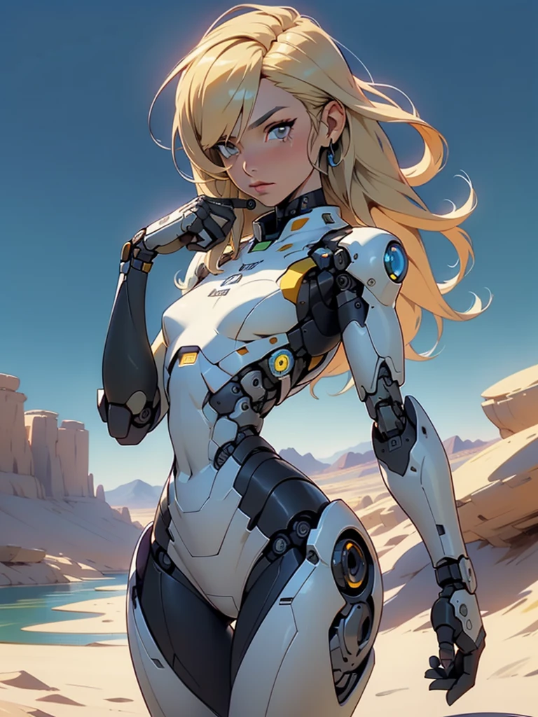 high quality, 4k, masterpiece, beautiful, cyborg girl, cowboy shot, dull eyes, looking at viewer, long blonde hair, girl, small breasts, slim thighs, robotic arms, robotic body, cyborg body, yellow accent, intricate detail, joint, detailed lines, robotic detail, holding fist up, holding hand up as fist, color robotic parts, robotic parts with color, perfect fingers, on a desert planet, sunny background, colorful desert, a river or a lake in the background