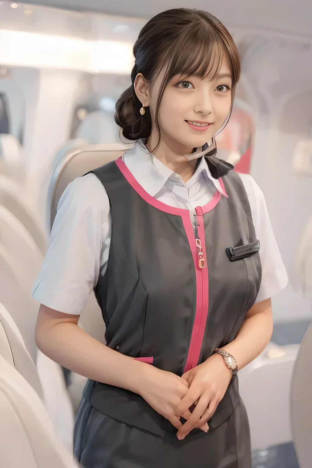 (masterpiece:1.2, Highest quality:1.2), 32k HDR, High resolution, (alone、1 girl)、(On the roof of a building、Professional Lighting)、daytime background、(Realistic style of JR Gran Class crew uniform)、Short sleeve blouse、a scarf around the neck、(JR Gran Class flight attendant uniform with pink parts on the skirt sleeves)、(The uniform of the flight attendants of JR Gran Class has a pink line on the front zipper of the vest.)、There are no pink lines on the uniform skirts of flight attendants in JR Gran Class、Dark brown hair、(Hair tied up、Chignon)、Dark brown hair、Long Shot、Big Breasts、((Great hands:2.0)),((Harmonious body proportions:1.5)),((Normal limbs:2.0)),((Normal finger:2.0)),((Delicate eyes:2.0)),((Normal eyes:2.0)))、Luxury earrings、smile、Beautiful standing posture,