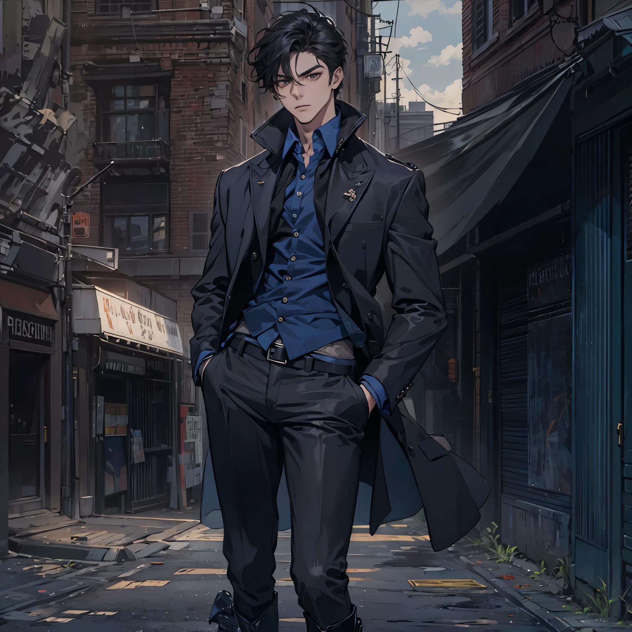 1male, street background, cold stare, hazel eyes, masterpiece, best quality, highly detailed,((suit, black jacket, black pants, black suit, blue shirt, tight shirt, fancy suit, business suit, very open shirt)), ((Leatherboots, militaristic boots, black boots)), short wavy hair, dark hair, ((upper body:1.5)), ((full body:1.5)), ((front view:1.5))