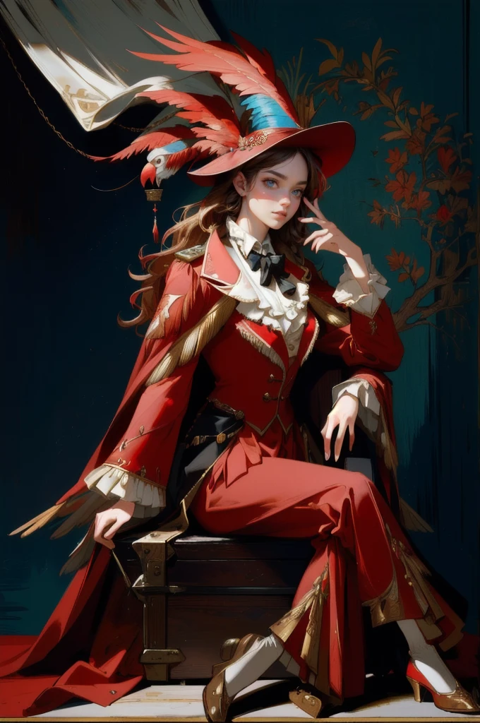 girl dressed in a red suit and hat sitting on a trunk, inspired by Charles Bird King, inspired by Horace Vernet, parrot, portrait of circus artist, a portrait of the character, dignified aristocrat, inspired by Karel Dujardin, perfect maximalistic composition, portrait shot, inspired by Pedro Pedraja, dressed in expensive clothes