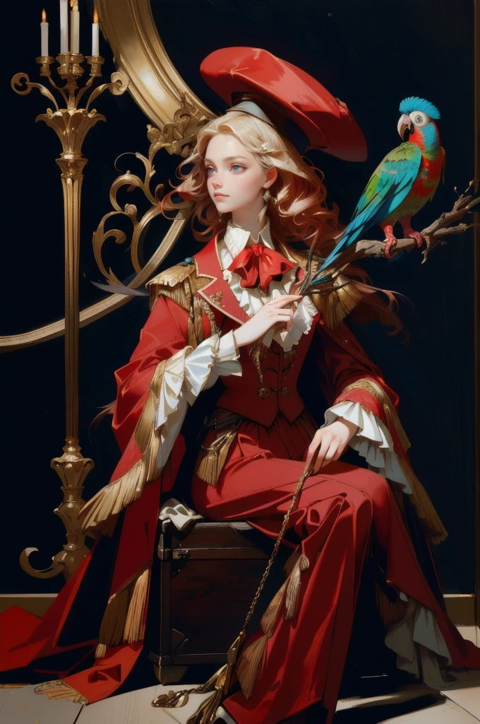 girl dressed in a red suit and hat sitting on a trunk, inspired by Charles Bird King, inspired by Horace Vernet, parrot, portrait of circus artist, a portrait of the character, dignified aristocrat, inspired by Karel Dujardin, perfect maximalistic composition, portrait shot, inspired by Pedro Pedraja, dressed in expensive clothes