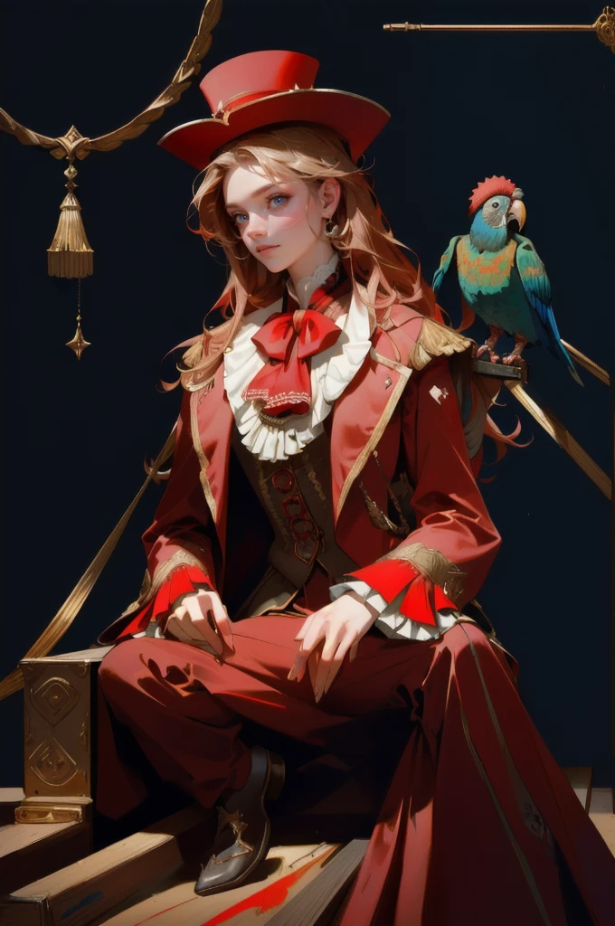 girl dressed in a red suit and hat sitting on a trunk, inspired by Charles Bird King, inspired by Horace Vernet, parrot, portrait of circus artist, a portrait of the character, dignified aristocrat, inspired by Karel Dujardin, perfect maximalistic composition, portrait shot, inspired by Pedro Pedraja, dressed in expensive clothes