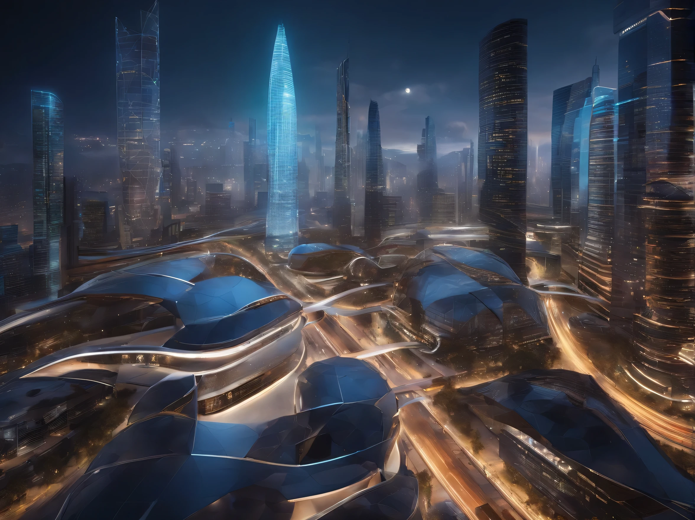 "Design a futuristic global business networking framework as a vibrant, interconnected digital cityscape. Show a dynamic city with skyscrapers representing various industries, interconnected by glowing data streams and holographic interfaces. Include diverse professionals engaging in virtual meetings, exchanging data, and collaborating across continents, all while integrating elements of cutting-edge technology like AI, blockchain, and IoT."