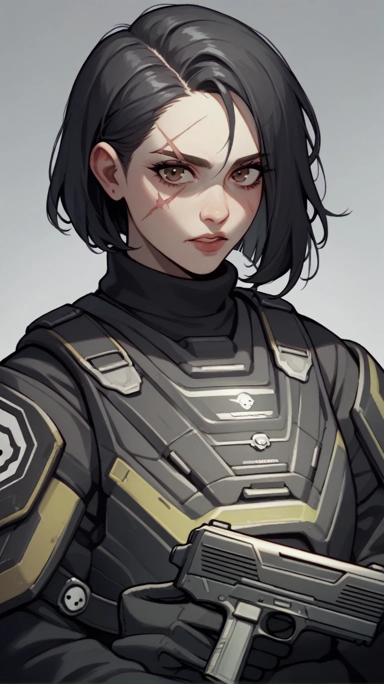 female medic helldiver brown eyes, black hair, with scar over mouth holding a pistol and a med kit