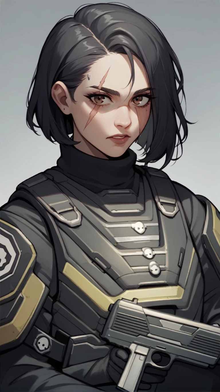 female medic helldiver brown eyes, black hair, with scar over mouth holding a pistol and a med kit