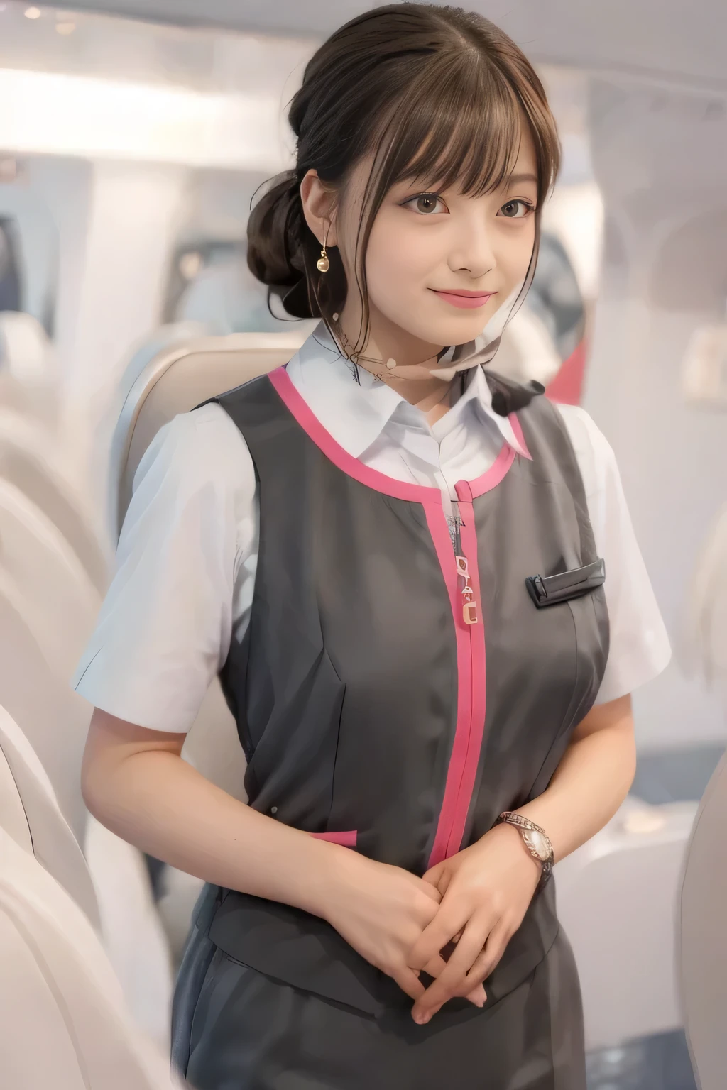 (masterpiece:1.2, Highest quality:1.2), 32k HDR, High resolution, (alone、1 girl)、(On the roof of a building、Professional Lighting)、daytime background、(Realistic style of JR Gran Class crew uniform)、Short sleeve blouse、a scarf around the neck、(JR Gran Class flight attendant uniform with pink parts on the skirt sleeves)、(The uniform of the flight attendants of JR Gran Class has a pink line on the front zipper of the vest.)、There are no pink lines on the uniform skirts of flight attendants in JR Gran Class、Dark brown hair、(Hair tied up、Bun Hair)、Dark brown hair、Long Shot、Big Breasts、((Great hands:2.0)),((Harmonious body proportions:1.5)),((Normal limbs:2.0)),((Normal finger:2.0)),((Delicate eyes:2.0)),((Normal eyes:2.0)))、Luxury earrings、smile、Beautiful standing posture,