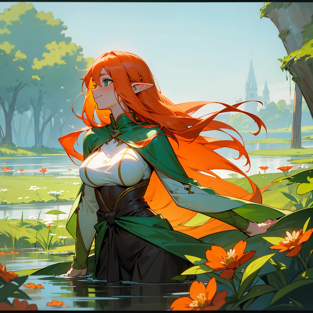 An elf with long orange hair,green eyes and a physique with big breasts.Inside a lake with water up to the waist,full of flowers while she holds one in her hand, smelling it innocently, smiling in profile