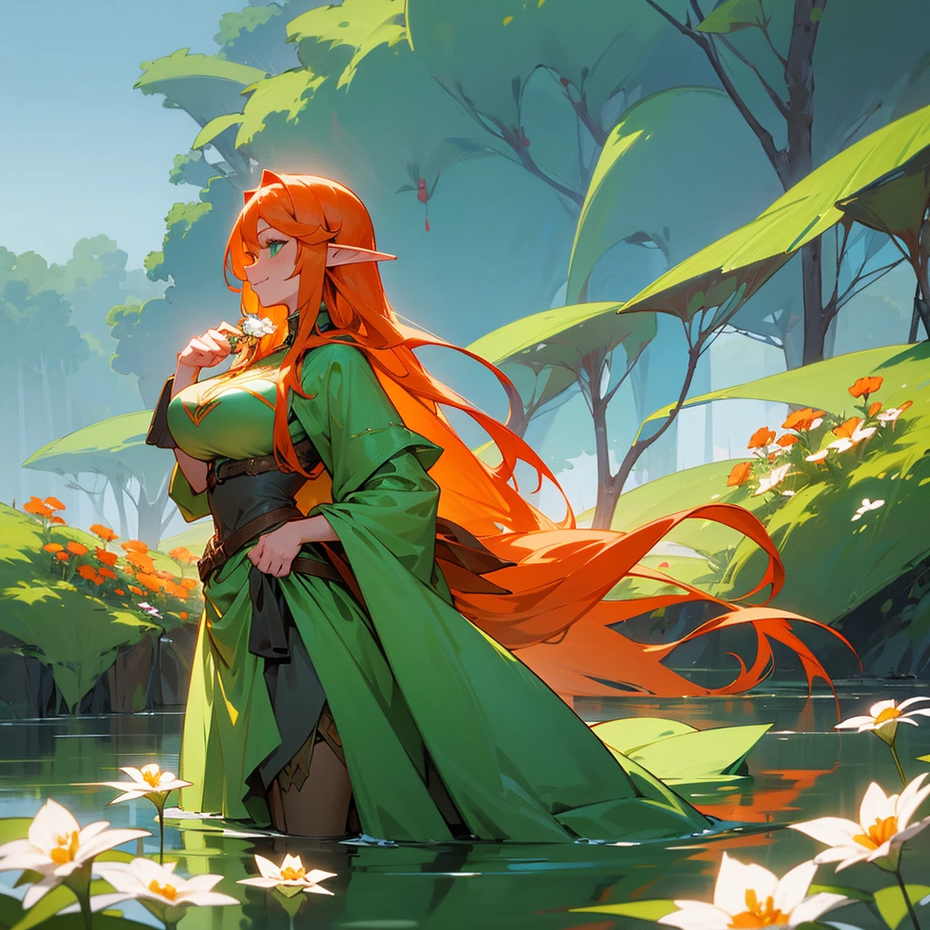 An elf with long orange hair,green eyes and a physique with big breasts.Inside a lake with water up to the waist,full of flowers while she holds one in her hand, smelling it innocently, smiling in profile