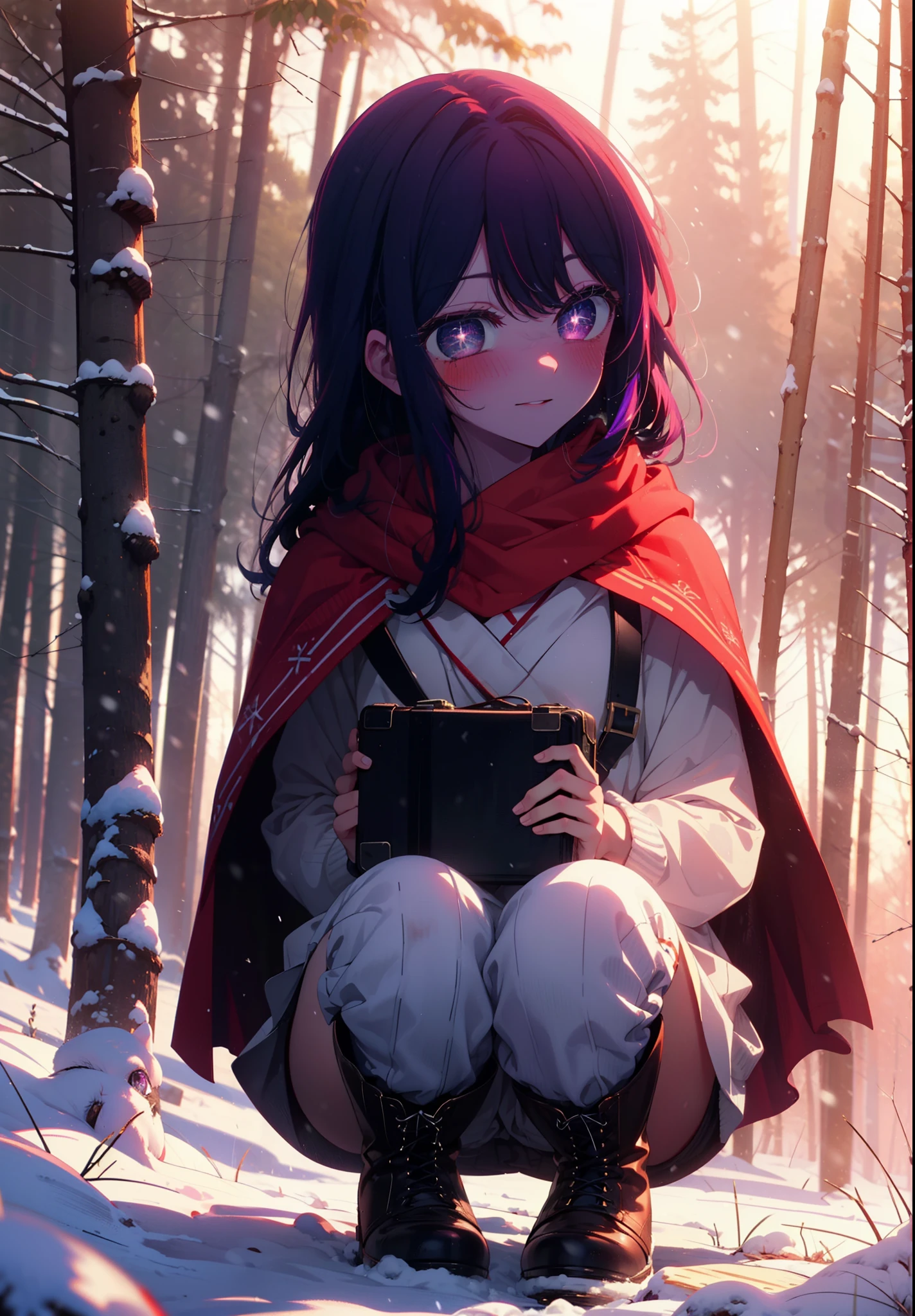 aihoshino, Ai Hoshino, Long Hair, bangs, (Purple eyes:1.1), Purple Hair, (Symbol-shaped pupil:1.5), smile,,smile,blush,white breath,
Open your mouth,snow,Ground bonfire, Outdoor, boots, snowing, From the side, wood, suitcase, Cape, Blurred, , forest, White handbag, nature,  Squat, Mouth closed, Cape, winter, Written boundary depth, Black shoes, red Cape break looking at viewer, Upper Body, whole body, break Outdoor, forest, nature, break (masterpiece:1.2), Highest quality, High resolution, unity 8k wallpaper, (shape:0.8), (Beautiful and beautiful eyes:1.6), Highly detailed face, Perfect lighting, Extremely detailed CG, (Perfect hands, Perfect Anatomy),