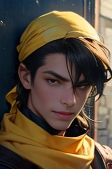 Dark-haired man looking at camera、(((Yellow bandana on head))),(((Muscular)))、(Very detailed CG ユニティ 8k 壁紙,masterpiece, Highest quality, Very detailed),(Best lighting, Best Shadow, Very delicate),good looking ,Roleplaying、Small eyes、Long Hair、Fantasy style clothing、Yellow clothes、Yellow Cape、